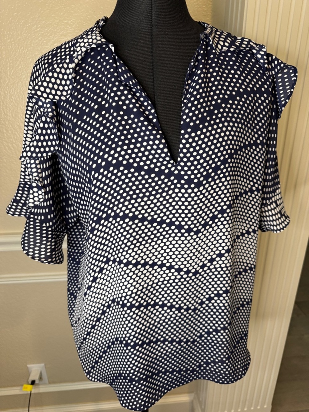 Banana Republic Navy and White Polka Dot Ruffle Sleeve V-Neck Top